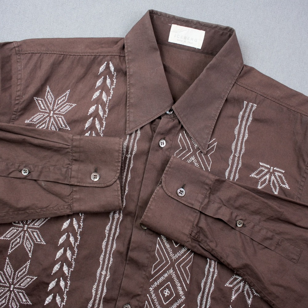 Vintage ICEBERG Italy Men's M Long Sleeve Embroidered Shirt Geometric Floral